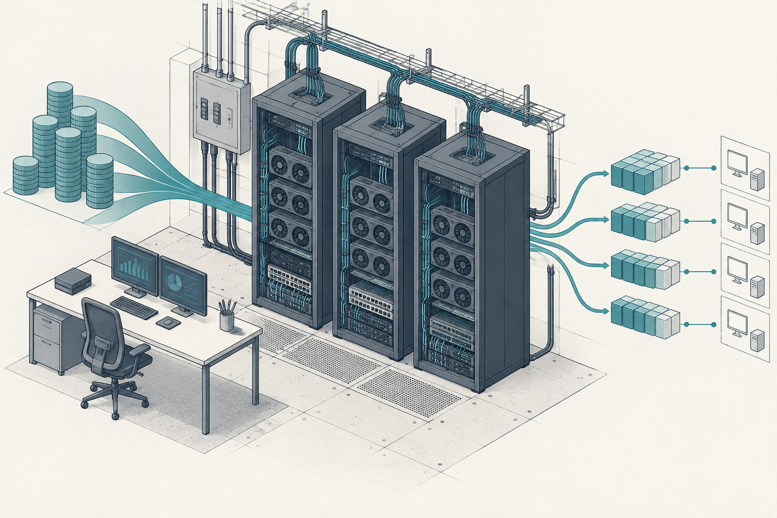 GPU racks beside a planning desk, illustrating the gap between investment capital and contracted compute demand.