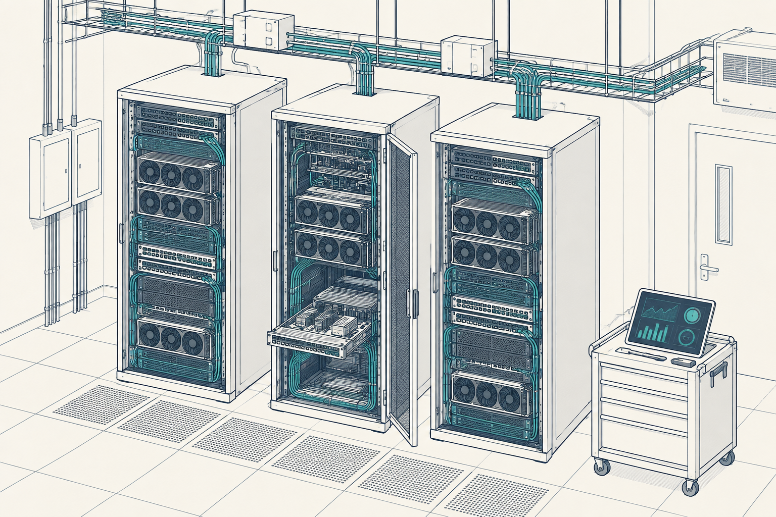 Three GPU server racks with power distribution, organised cabling and a technician checking maintenance telemetry.