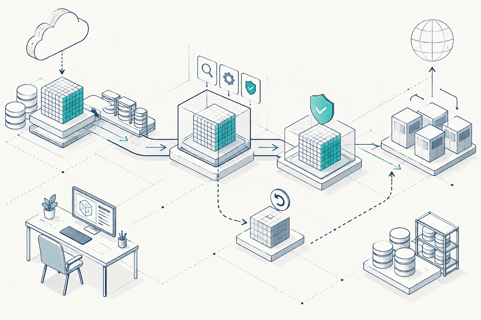 Illustrated checkpoint files passing through staging, verification and deployment, with a separate rollback copy.