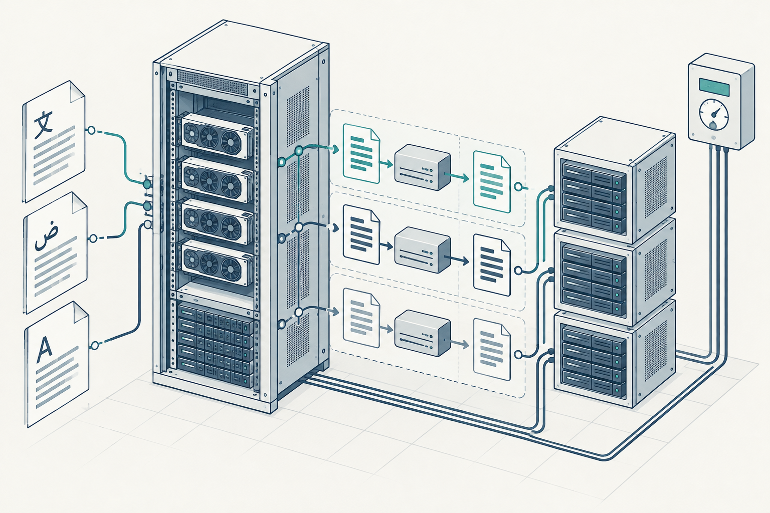 Illustration of local GPU racks serving separate multilingual document translation queues.