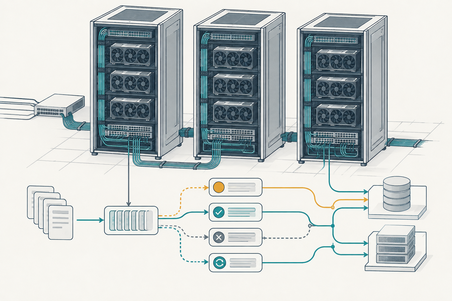 GPU racks beside a diagram separating inference request outcomes, customer billing and consumed capacity.