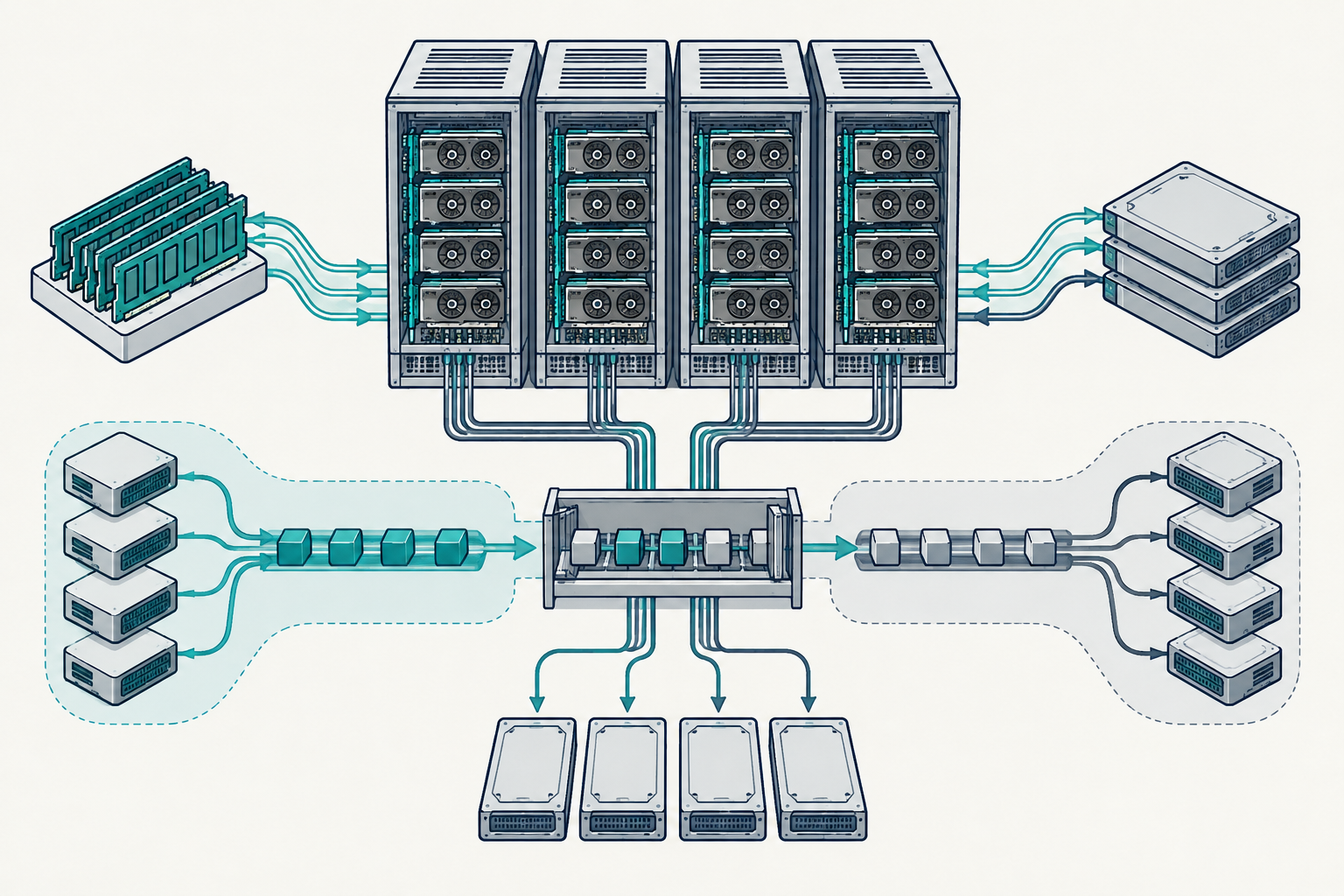 Small GPU cluster showing expert weights moving from SSD through host memory to GPUs, with separate batch and interactive tenant queues.