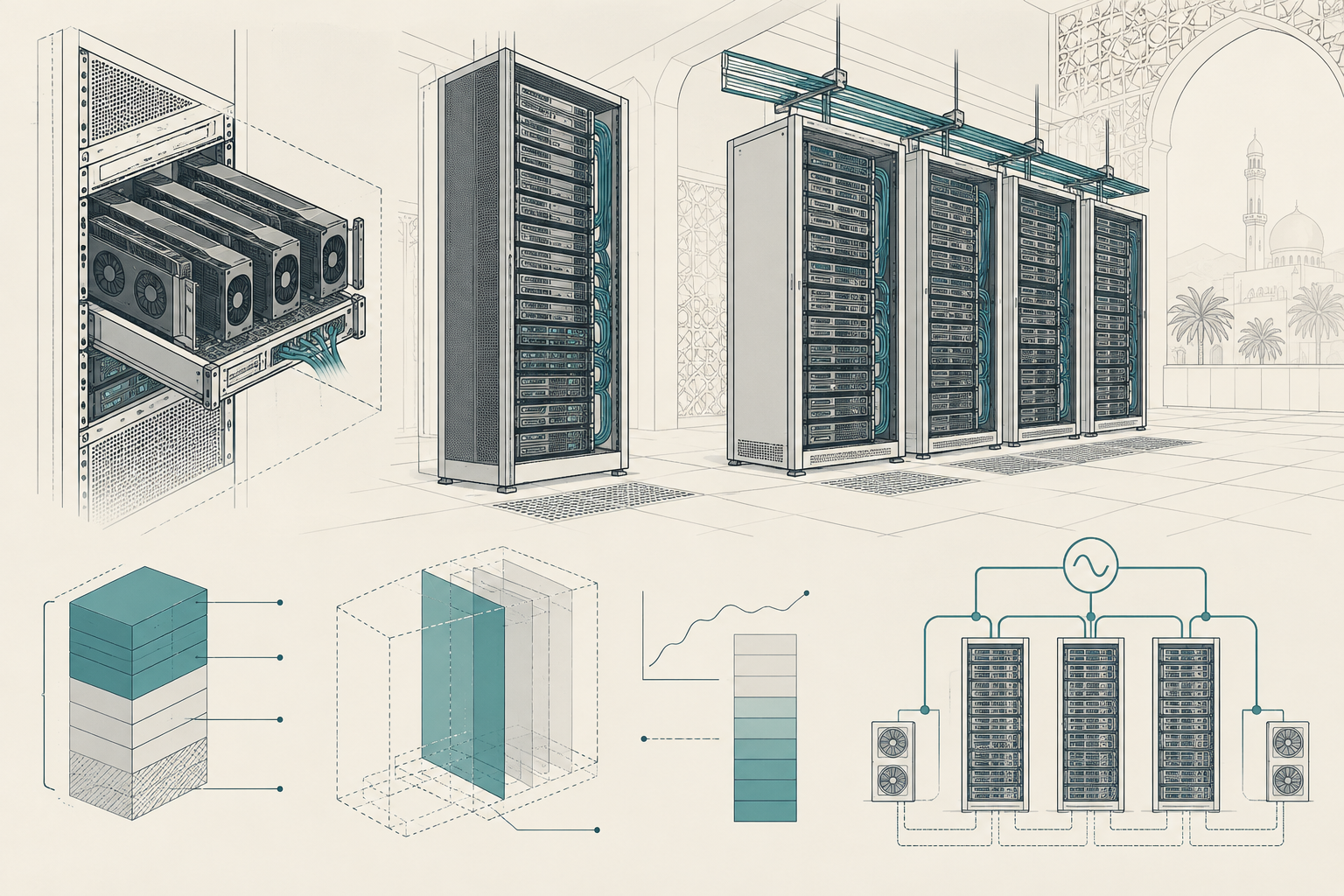 Three sizes of GPU estate with overlays showing tenant allocation, spare capacity and power consumption.