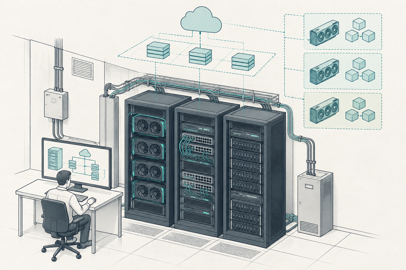 Small GPU server estate with schematic tenant boundaries, storage pools and a layered cloud control plane.