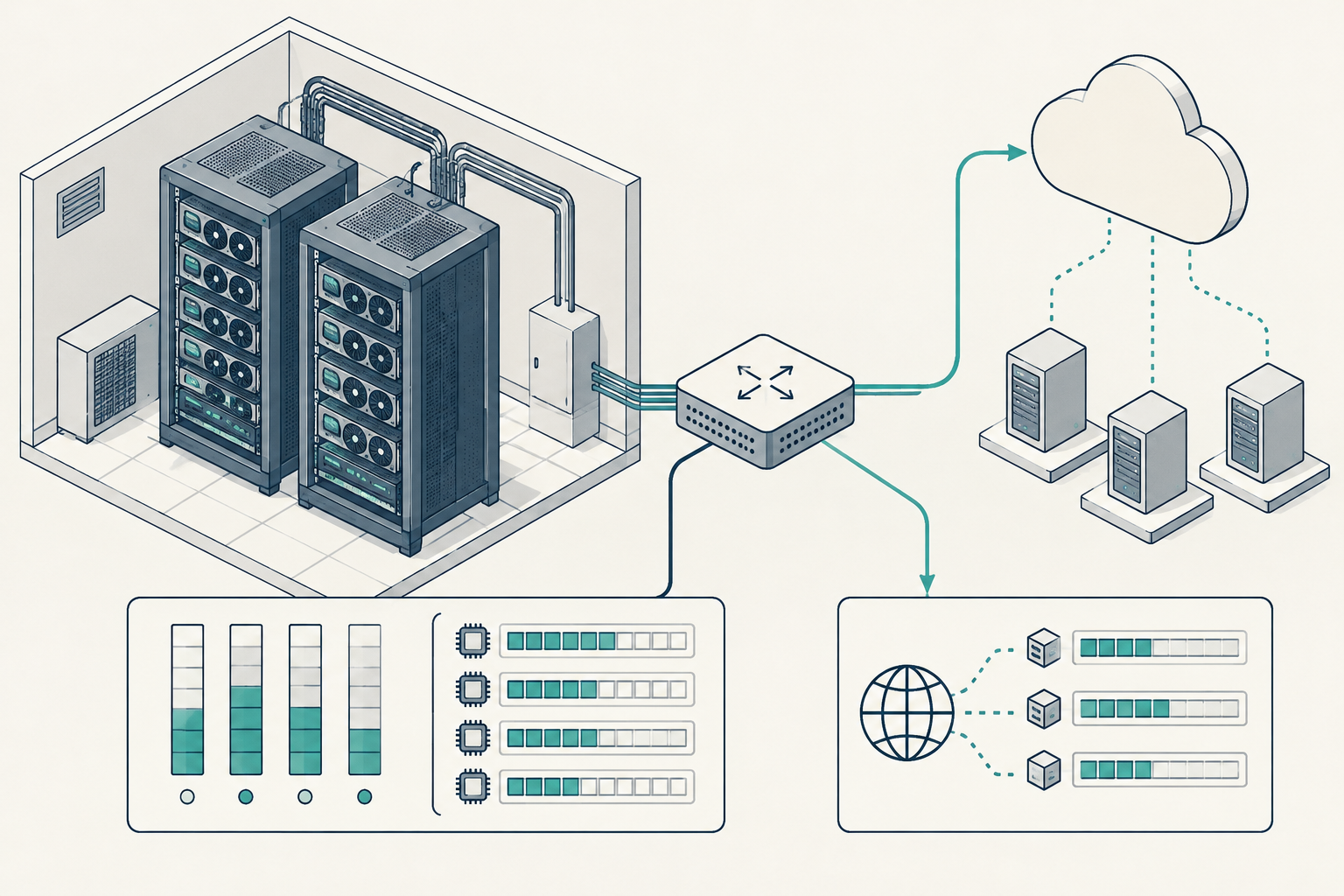 Small GPU estate with separate local inference and external API routes behind a policy gateway.