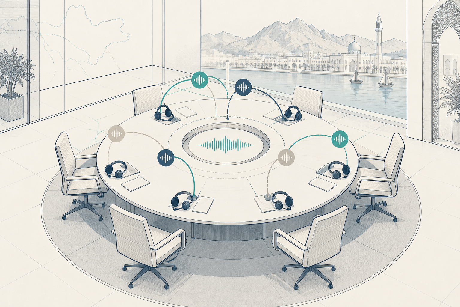Illustration of meeting participants connected by separate multilingual audio paths, with waveforms showing conversational pauses and overlap.