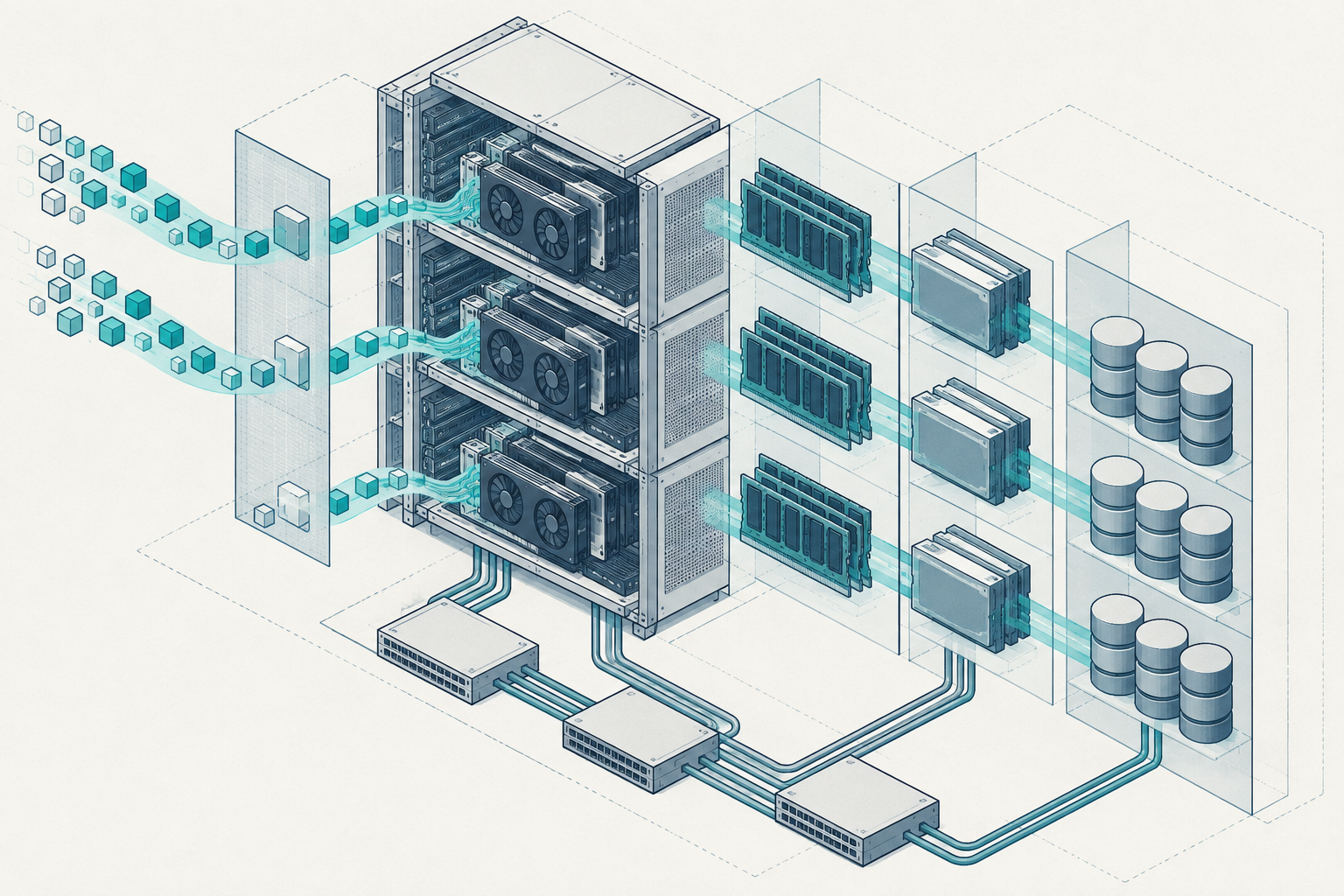 Small GPU cluster with isolated tenant request lanes and hierarchical memory and storage cache layers