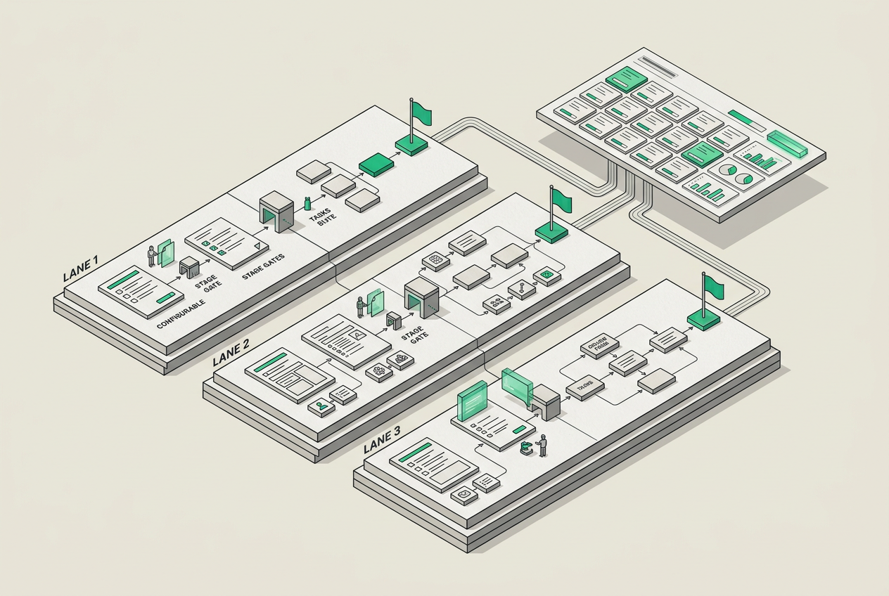 Illustration of project stages connected to shared portfolio oversight