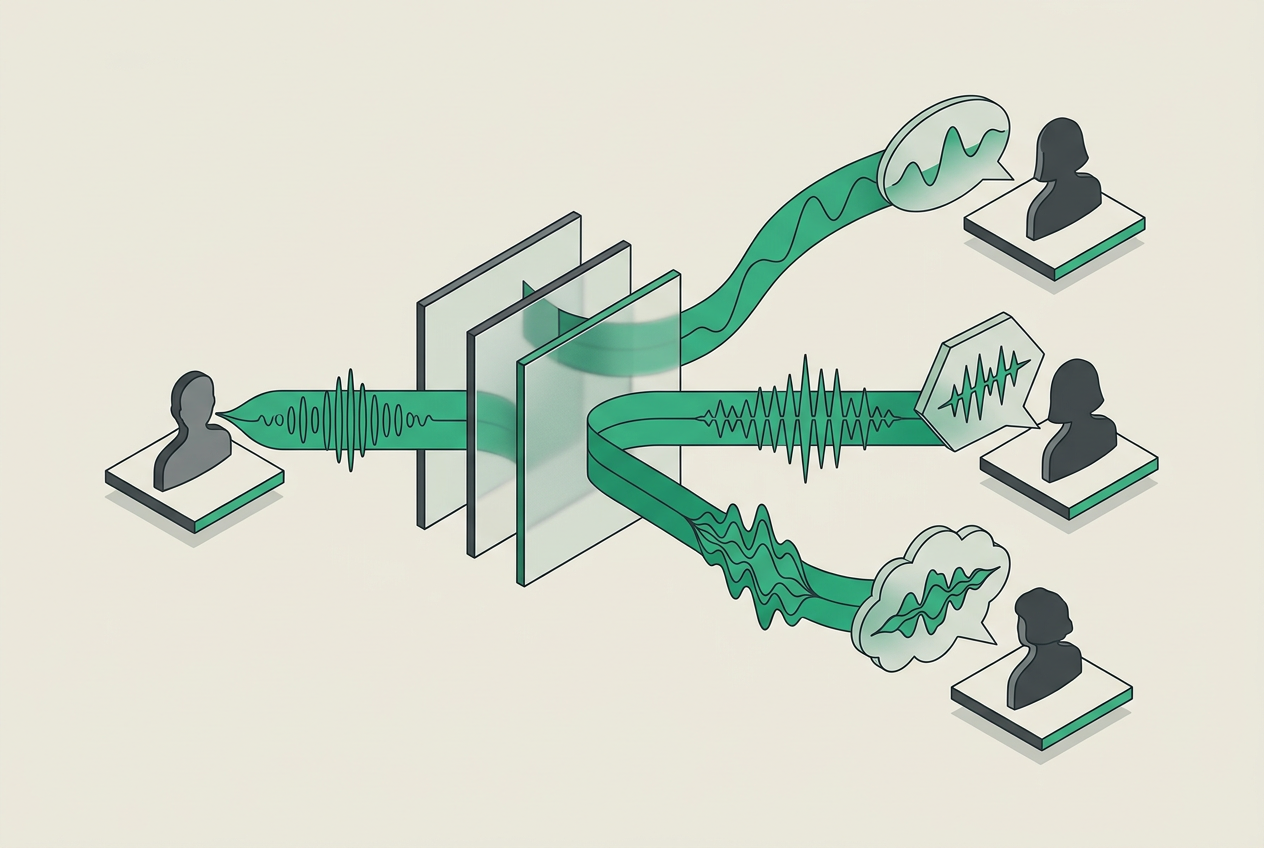 Illustration of one speaker translated live for three listeners
